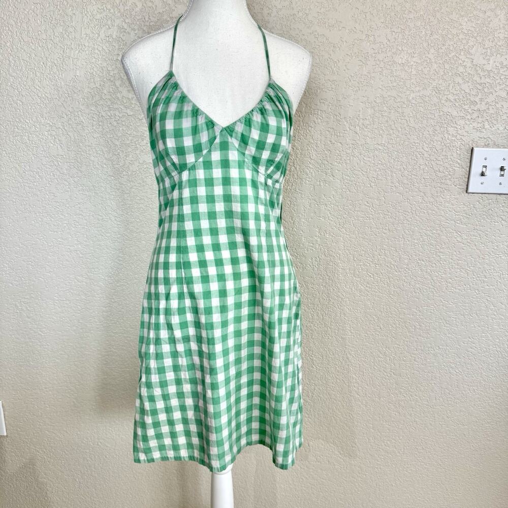 H&M Sz 8 Green Gingham Retro Dress Picnic Halter Wiggle Plaid Sweetheart Cotton